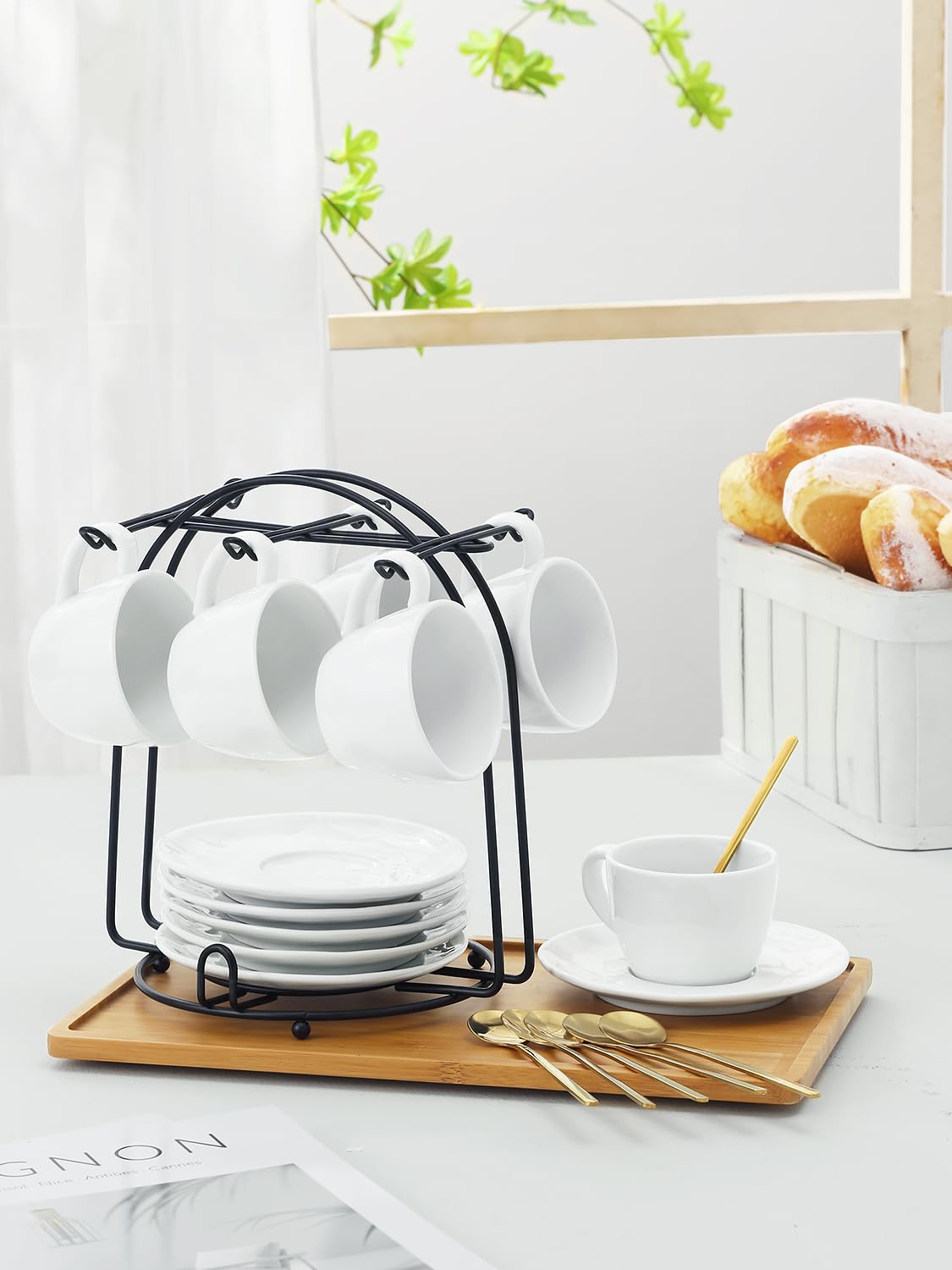 Yedio Espressotassen Set – 4 Porzellantassen Mit Untertassen & Metallständer, Stapelbar, 118 Ml