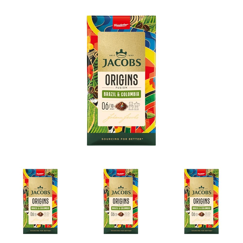 Jacobs Filterkaffee Origins Brazil & Colombia, 100% Arabica, Kaffee gemahlen, ideal für Filterkaffeemaschine & French Press und Bialetti Espressokocher, Intensität 6/10, 450 g (Packung mit 4)