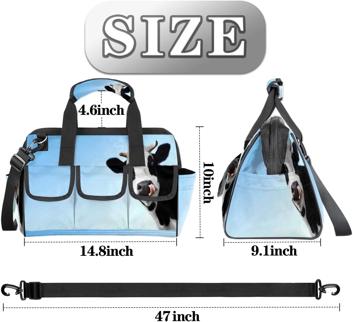 Funny Cow Tool Bag for Men Women Heavy Duty Multi-Pockets Wide Mouth Tool Tote Waterproof Tool Bag Organizer with Adjustable Shoulder Strap
