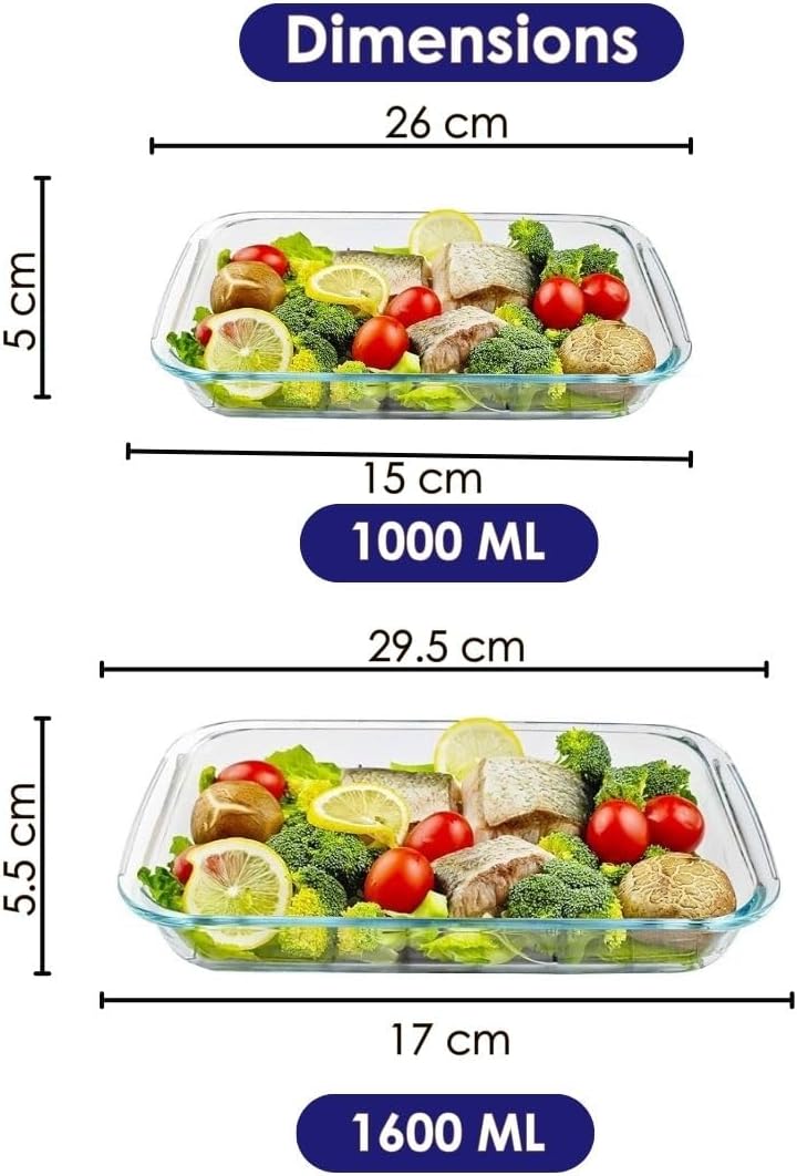 Borosilicate Glass Baking Dish Rectangular Dish Microwave Safe, Oven Safe, 1000ML, 1600ML Set of 2