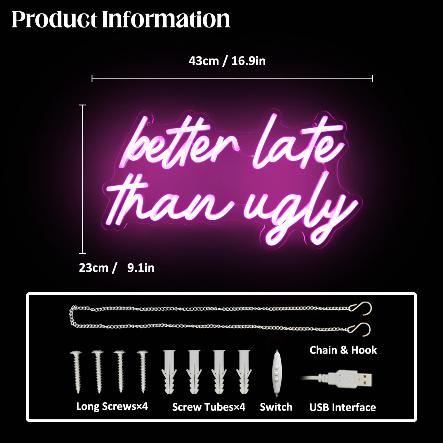 Better Late Than Ugly Neon LED Sign Pink Word Light Up Signs Dimmable Beauty Room Decor Letter Neon Signs for Wall Decor LED Neon Light Sign for Bedroom Beauty Salon Wedding Bar Party Decor - Image 3
