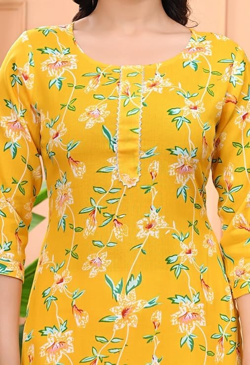 Image of Women's Rayon Straight Kurta || Flower Print Kurta for Women (Yellow)