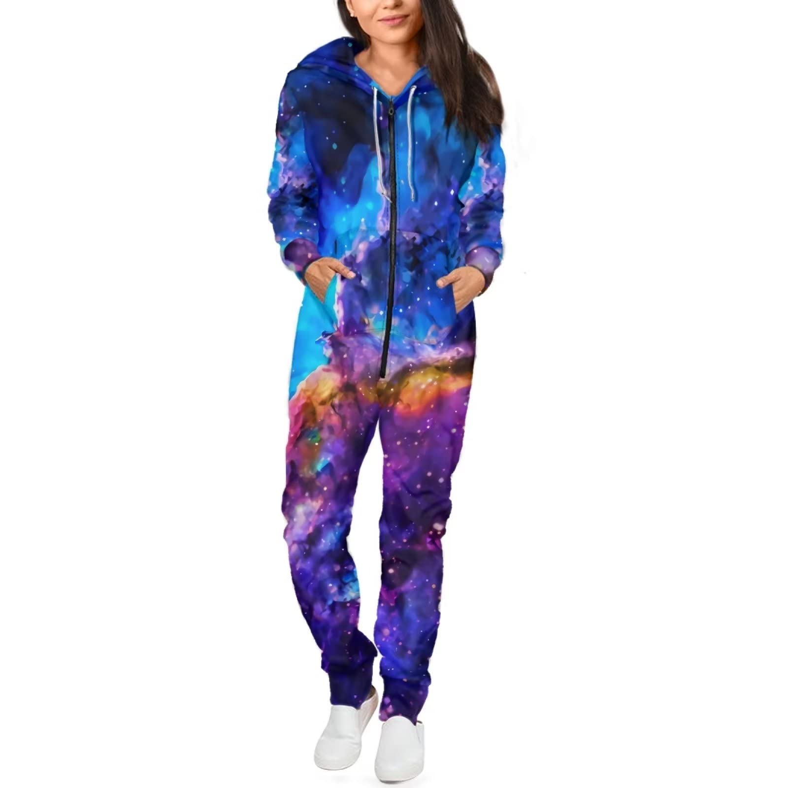 POLERO Pijamas Enteros de Conejo con Cremallera para Mujer, Camisones con Capucha y Bolsillo para Hombre, Galaxy, 4X-Large
