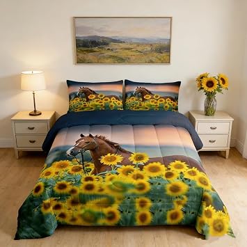 Loussiesd Brown Horse Duvet Cover Set Double Sunflower Bedding Set Animals Comforter Cover with 2 Pillowcases Microfiber 3D Print Wild Animal Quilt Cover Zipper 3 Pcs Gorgeous Luxury Chic