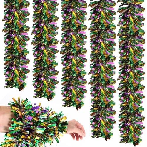 Mardi Gras Tinsel Garland, 5 Pieces Purple Green Gold Metallic Tinsel Garlands, Glitter Hanging Garlands For Mardi Gras Carnival Party Tree Mantle Home Office Indoor Outdoor Decoration