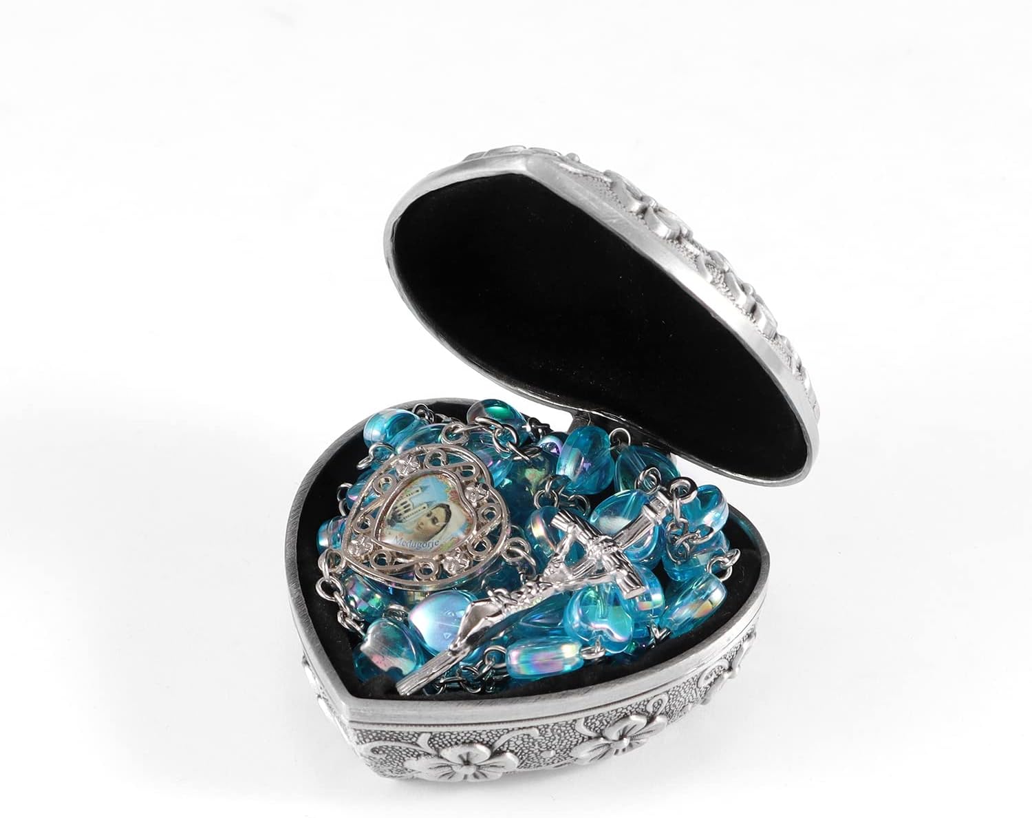Rosary Beads Catholic for Girls With Rosary Box, Blue Crystal Heart Shaped Beads Rosary Necklace with Heart Shaped Vintage Jewelry Box, Anglican Prayer Beads Christian Gifts for Women - Image 2