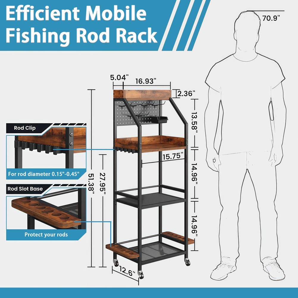 Supporto per canna da pesca per garage, scaffale a 3 livelli per 12 canne, organizer per rollare con ganci e pannello forato, scaffale per attrezzatura per pescatori
