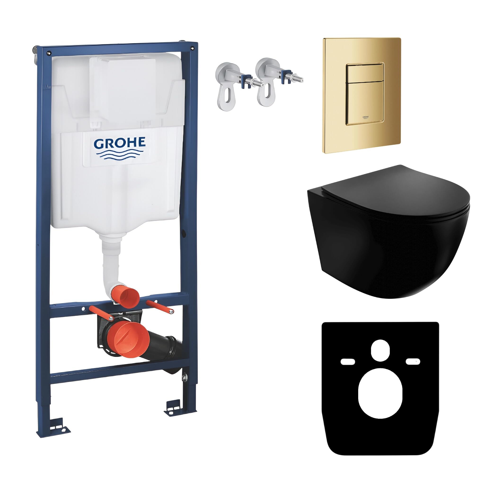 LAVITA | Elemento de pared Solido + pared colgante de inodoro Sinto negro sin borde + asiento de inodoro SoftClose | Botón dorado | Juego completo | cisterna empotrada | inodoro completo