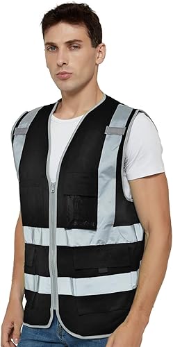 TopTie Chaleco de seguridad frontal con cremallera de alta visibilidad clase 2 con 9 bolsillos y tiras reflectantes, cumple con las normas ANSIISEA,