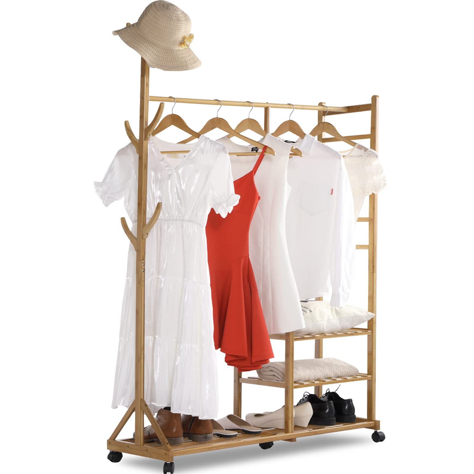 Homde Clothing Rack Bamboo Garment Rack Rolling Coat Rack Multifunctional Bedroom Hanging Rack Clothing Organizer Hat Tree 3 Layers Wardrobe Storage Shelves with Wheels 6 Hooks