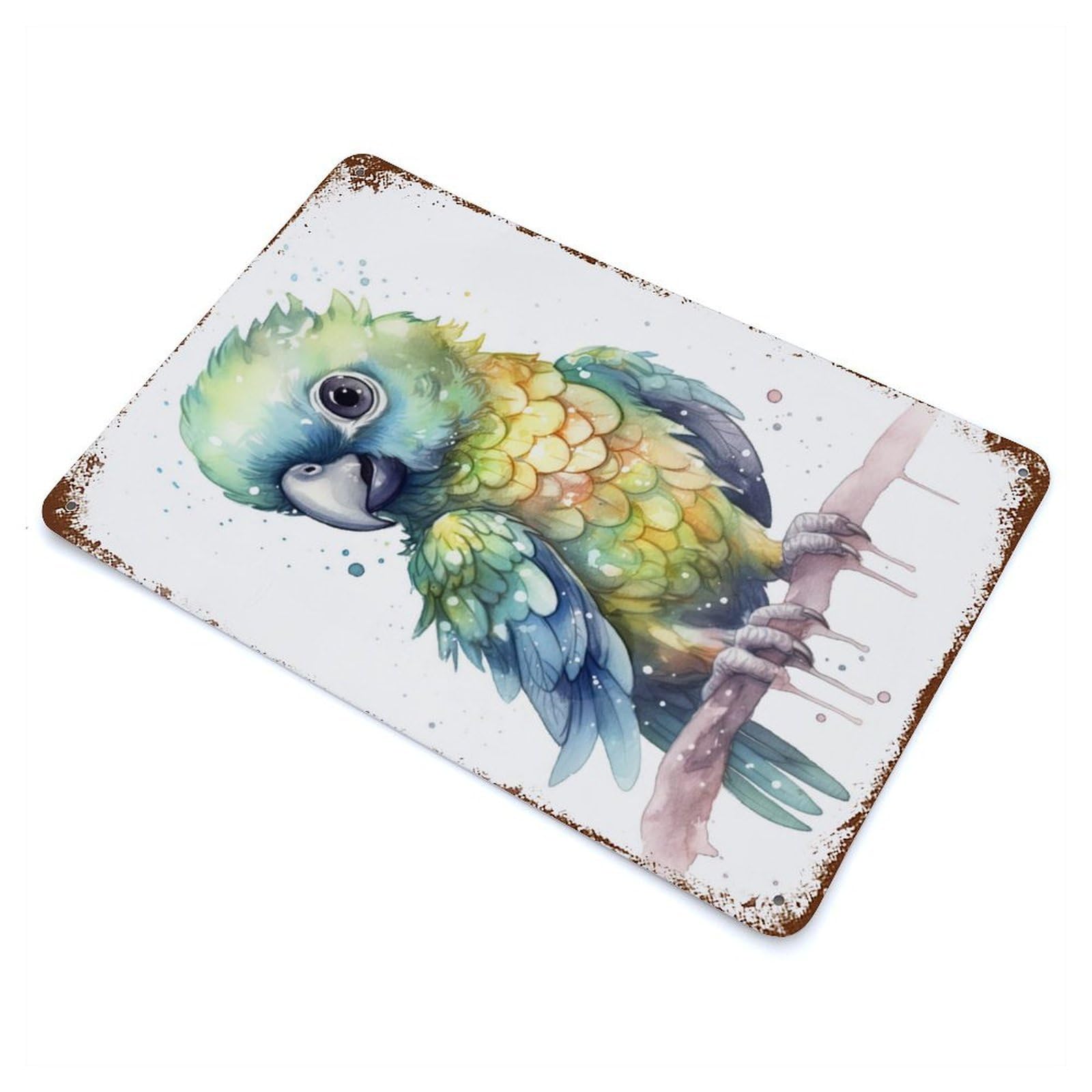 Watercolor Baby Macaw 11.8"x7.9" Aged Metal Wall Plaque, Retro Wall Decor for Farmhouse, Kitchen And Entryway Decor