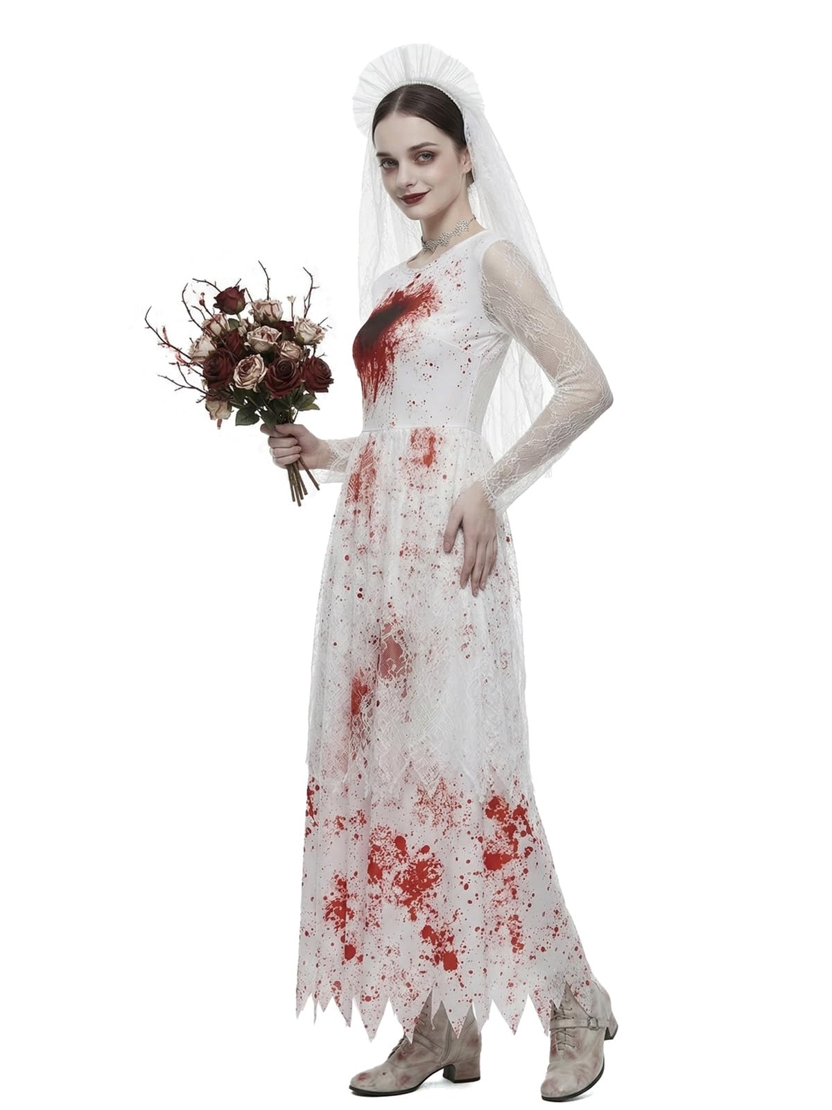 Costume da Sposa Fantasma Donna con Macchie di Sangue, Abito da Cosplay e Set di Accessori per Capelli per Festa di Halloween, Costume di Carnevale