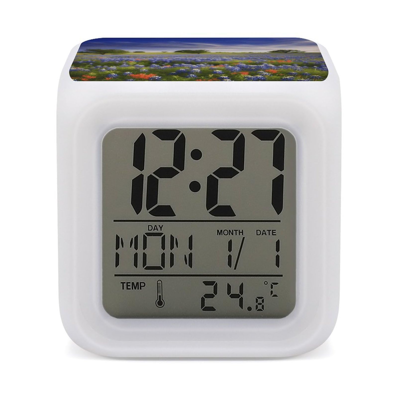 VstaDank Texas Bluebonnets Scenery Digital Alarm Clock LED Display Screen Color Change Alarms Clock Smart Alarm Clock Wake Up Digital Clocks with 7 Color Nightlight for Bedroom
