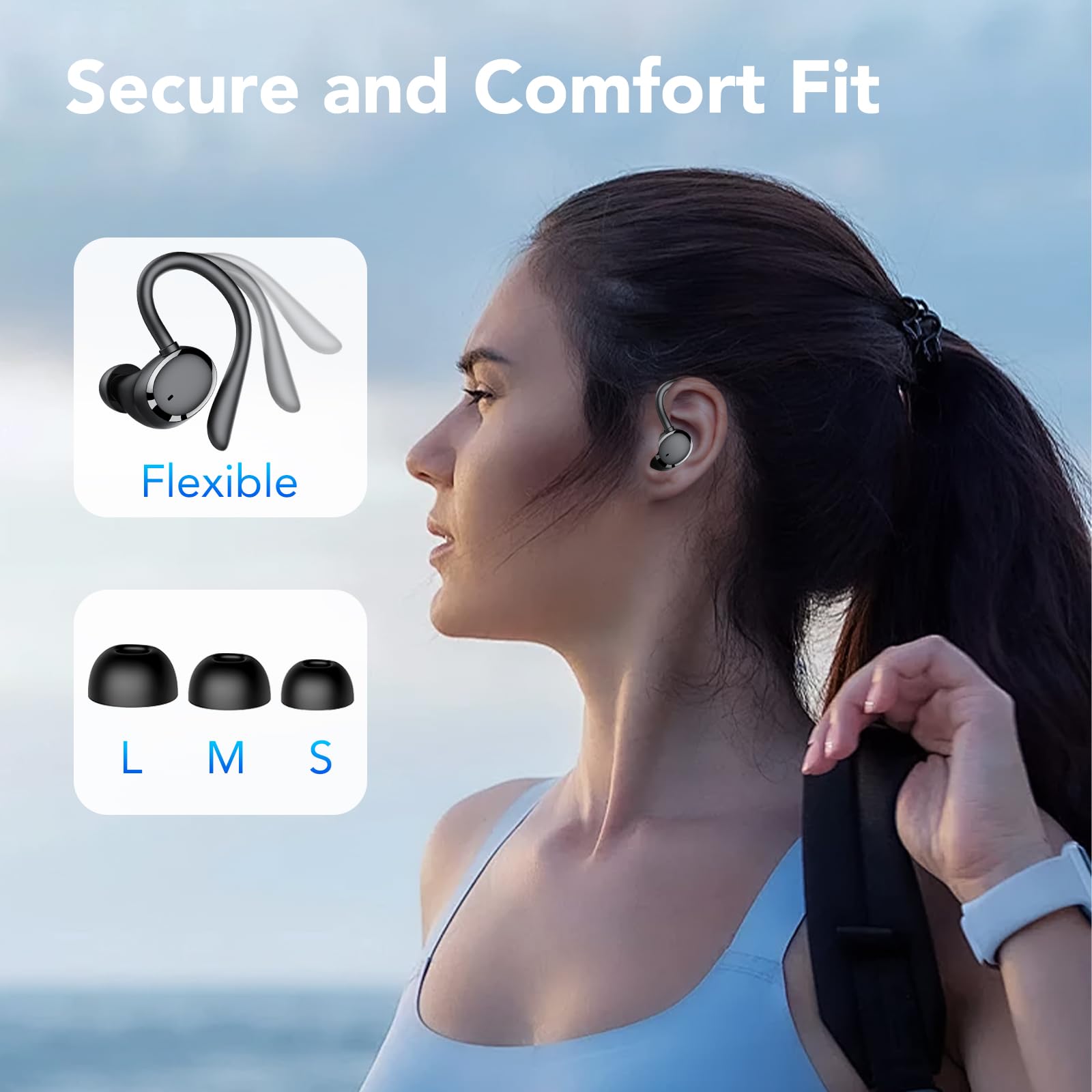 Écouteurs de sport Bluetooth 5.3 sans fil avec micro HD, HiFi stéréo basses profondes, 72 heures d'autonomie, double affichage LED, étanchéité IP7, avec crochet d'oreille