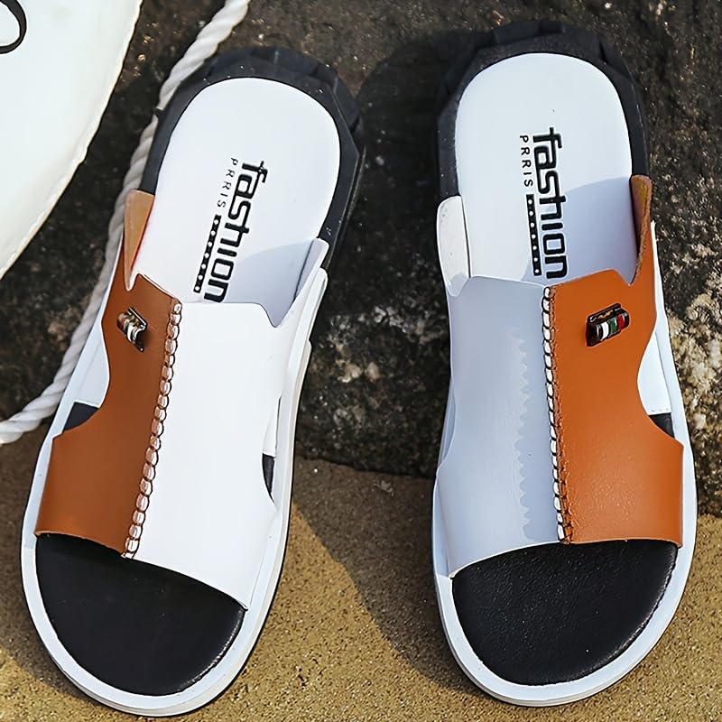 Men's Block Color Stitched Casual Slides with Microfiber Leather Uppers, Casual Non Slip Open Toe Beach Shoes for Indoor Outdoor Walking, Spring and Summer3
