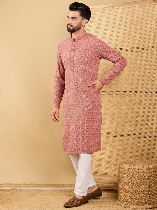 Image of Men's Solid Embroidered Long Straight Kurta | Men's Kurta | Embroidered Chikankari Kurta for Men | Straight Fit Kurta for Men