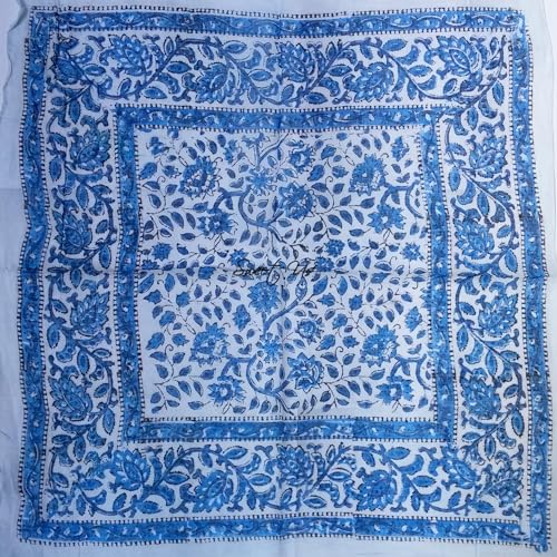 Cotton Scarf for Women Lightweight Soft Sheer Block Print Summer Floral Bandana Blue Green Scarf Stole Wrap 21x21 in
