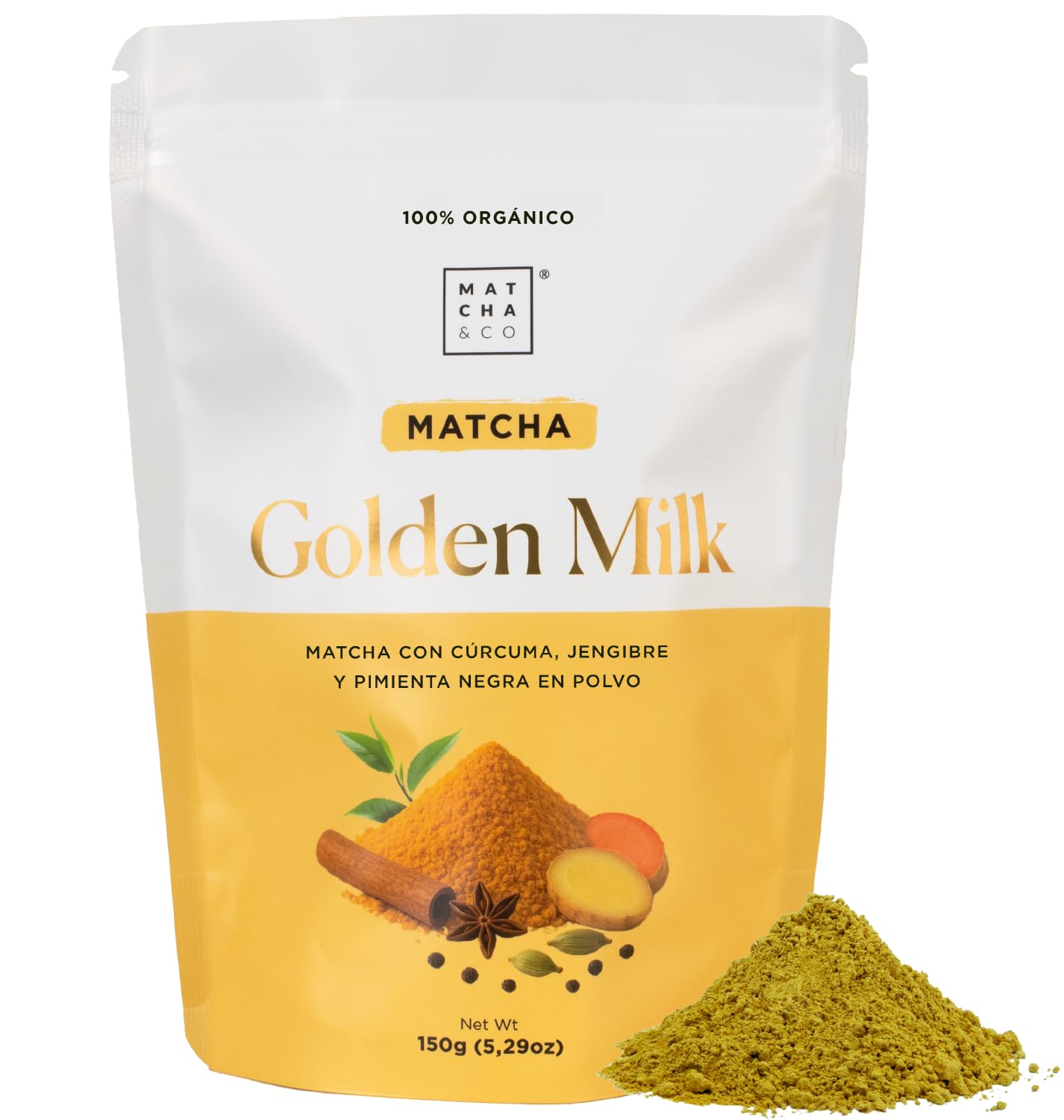 Matcha & CO - Golden Milk Bio au Thé Matcha (150g) – Préparation Curcuma avec Lait de Coco, Poivre Noir et Cannelle – Boisson Antioxydante et Anti-inflammatoire – Sans Sucre Ajouté, Vegan, Sans Gluten