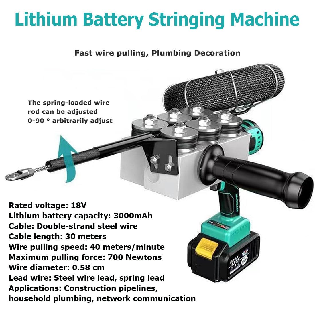 Kabelloser elektrischer Drahtzieher, elektrischer Kabelabzieher, bürstenlose Lithium-Einfädelmaschine, 40 m/min Geschwindigkeit, für effiziente Rohr- und Kabelinstallation, 1 Batterie