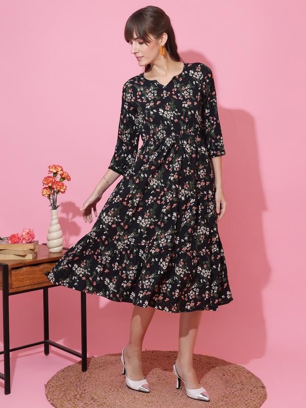 Image of Sheetal Associates Women's Casual 3 /4 Sleeve Crepe Fit and Flare Dress| Comfortable Relaxed Fit Summer Party Dress