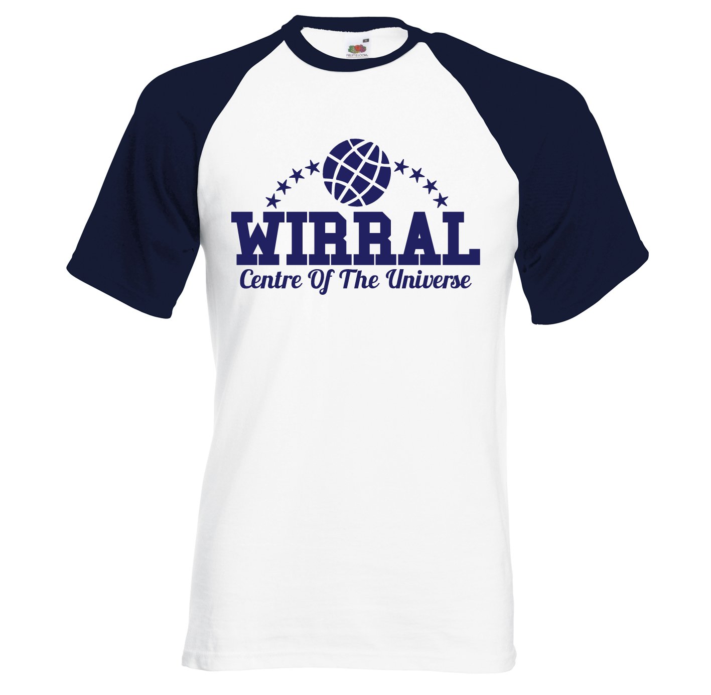Rocket Fuel Clothing Men's White/Navy Rocket Fuel 'Wirral - Centre Of The Universe' Funny Printed Baseball T-Shirt - Xxl