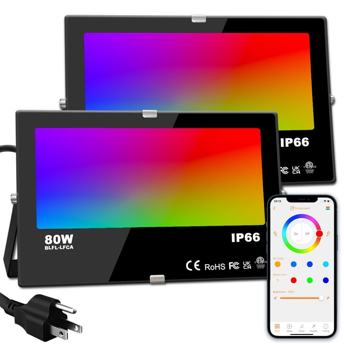 ILC LED Flood Light 80W, 8000LM, Outdoor RGB Color Changing, Smart Floodlights RGBW 2700K Warm White & 16 Million Colors, 20 Modes, Grouping, Timing, IP66 Waterproof (2 Pack)