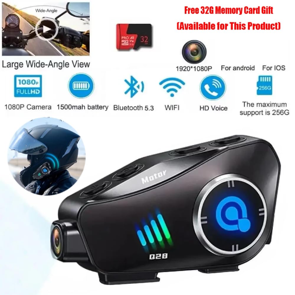 Telecamera per casco da moto con auricolare Bluetooth, registratore HD 1080P, grandangolo 120° per guida, sci, arrampicata
