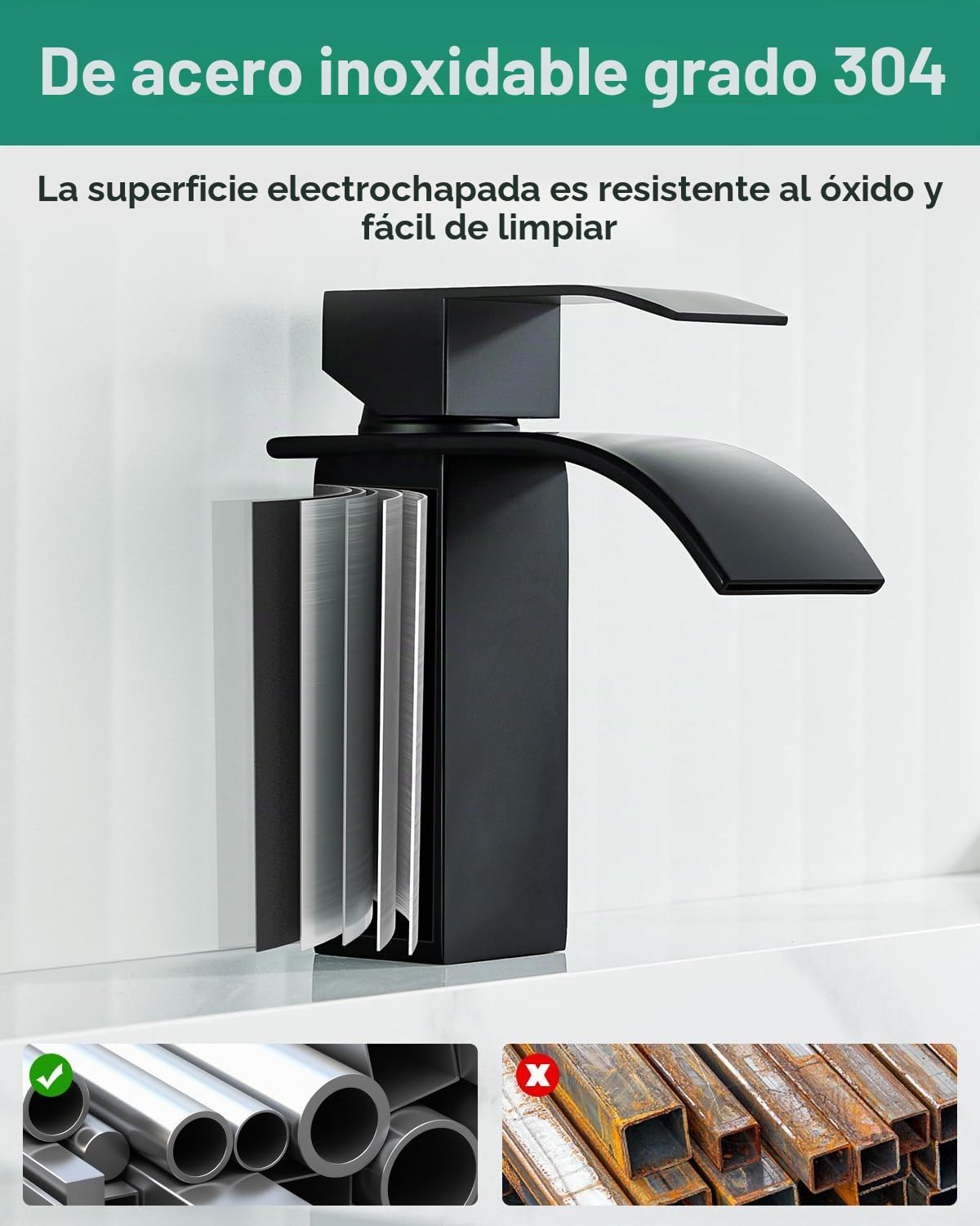 ANYCEE Grifo Lavabo Negro con Caño Cascada, Grifo Monomando Lavabo con Caño Altura de 8,5cm, Grifo Baño Cascada Negro con Agua Caliente y Fría