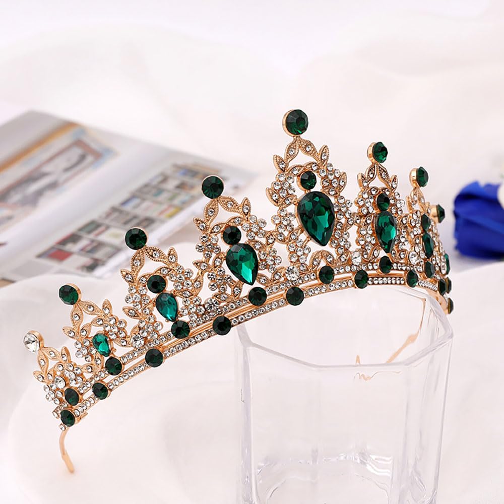 Kryształowa Tiara Korona Kobiety, Elegancka Korona Panny Młodej, Diadem Księżniczki Ślubnej z Zielonym Brokatem, Idealny na Urodziny, Kostium Elsy, Tort i dla Panny Młodej