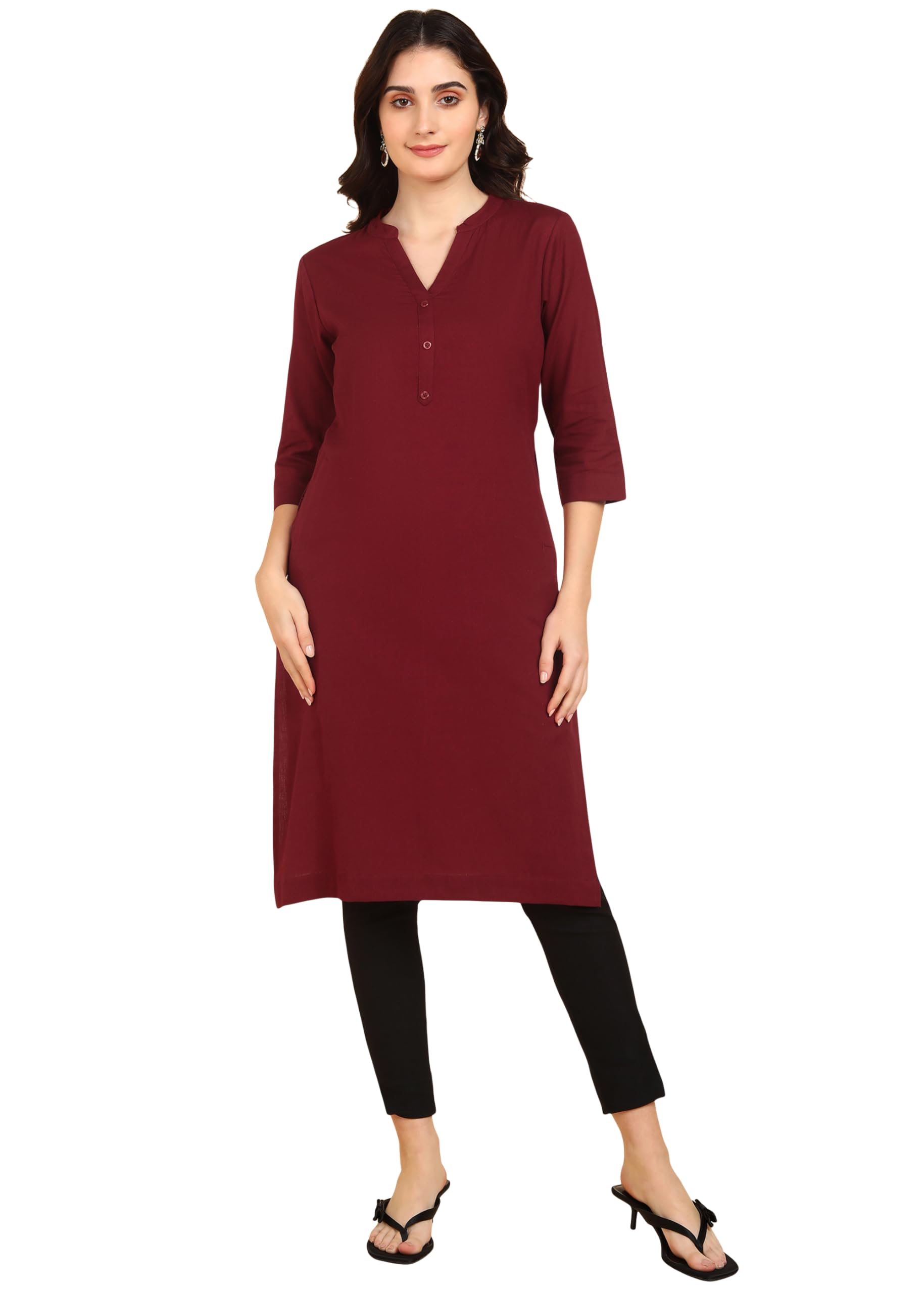 BLOCKS OF INDIA Long Cotton Kurta Womens Plain Straight Kurta, 3/4 Sleeve, Knee Length with 2 Pockets