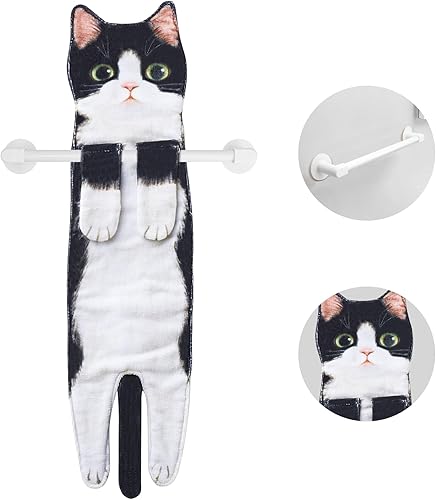 Divertidas toallas de mano con barra de toallas para baño y cocina, bonita decoración decorativa de gato, toallas de cara súper absorbentes y
