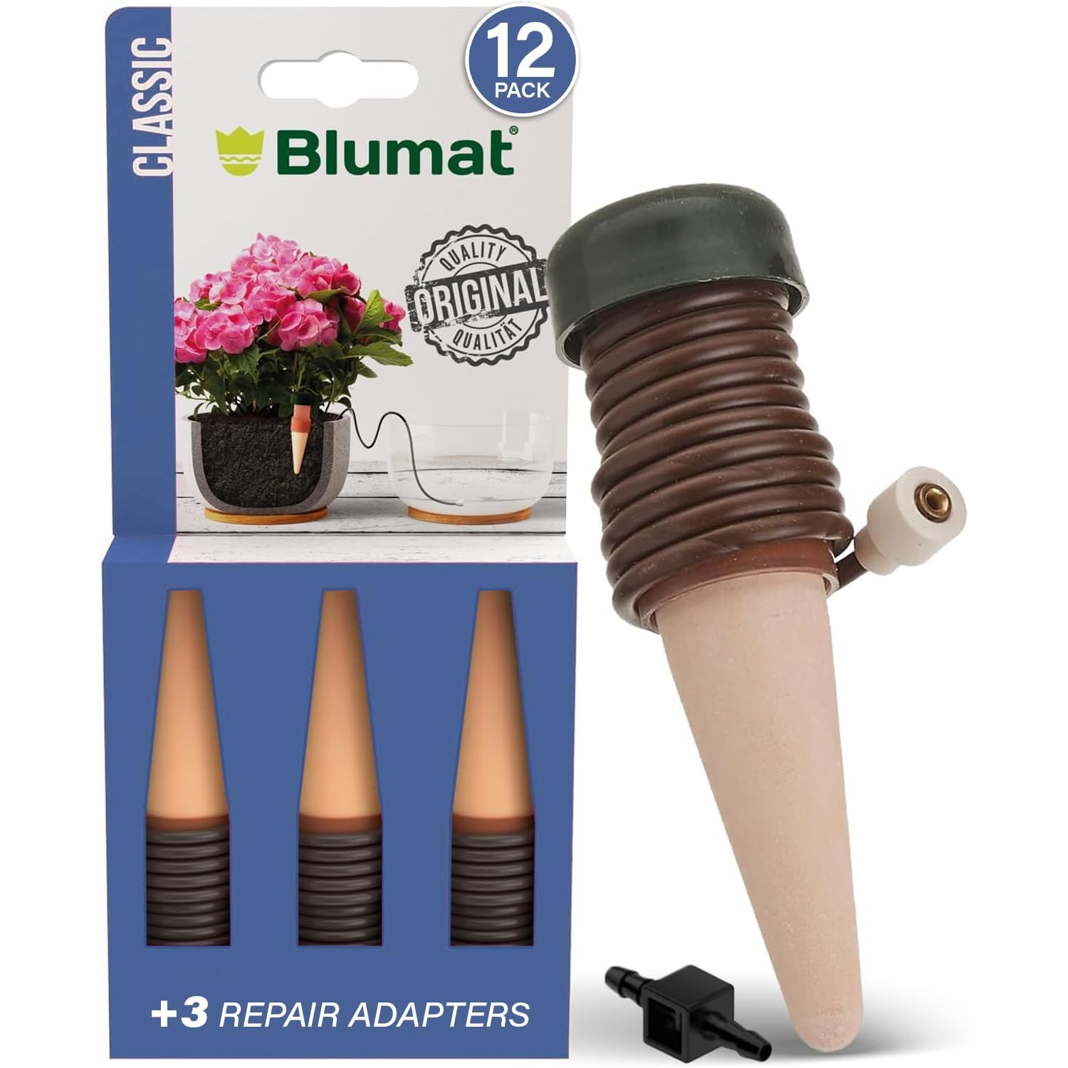 Blumat Classic Self-Watering Stakes - Prevents Overwatering and Underwatering for Healthy Growth While You are Away - Ideal for Indoor Plant Watering, 12 Pack, w Adapter