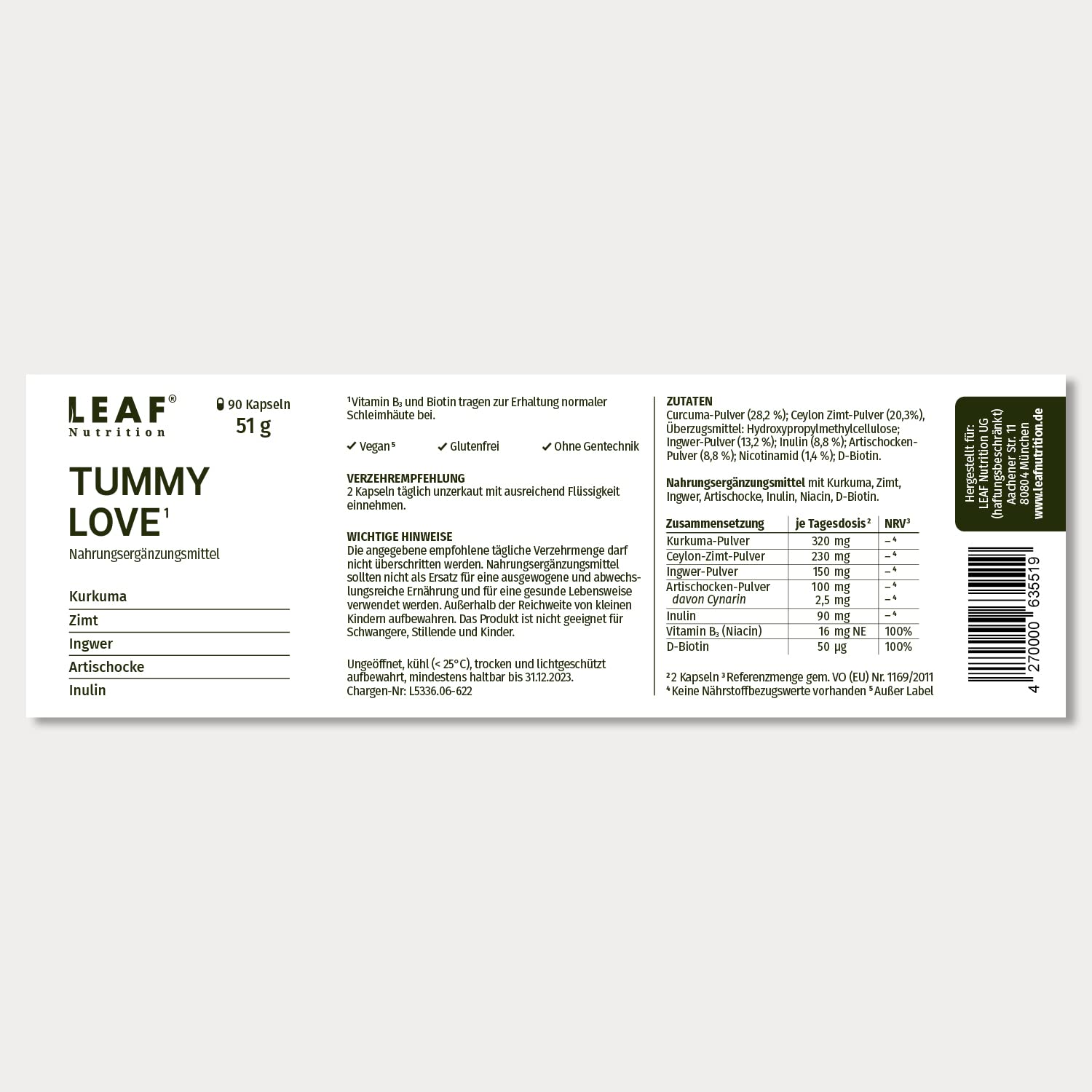 LEAF TUMMY LOVE Kapseln vegane Nahrungsergänzung mit Kurkuma, Zimt, Ingwer & Artischocke | für deine Körpermitte | 45 Tage (90 Stück) | nachhaltige Verpackung & Made in Germany