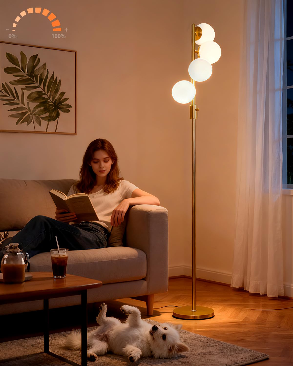 Lightdot 64IN Dimmable (Brightness Adjustable) Globe Floor Lamp, Gold Standing Lamps with 4PCS 3000K G9 Bulbs Soft Warm White Eye Care, Mid Century Modern Floor Lamp for Living Room