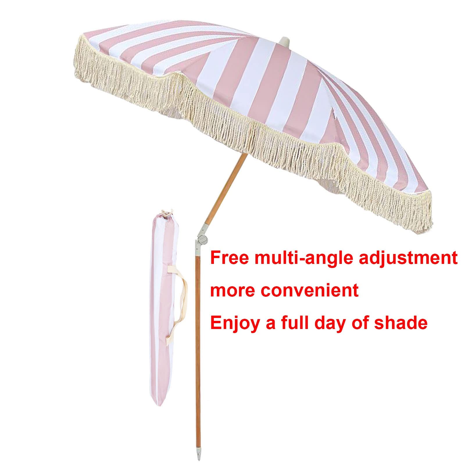 XJBTBA Parasol ogrodowy w paski, parasole tarasowe 2 m/6,5 stopy, parasol z frędzlami w stylu vintage, parasol ogrodowy, parasol wakacyjny, zewnętrzny parasol plażowy z funkcją odchylania, 8 żeber,