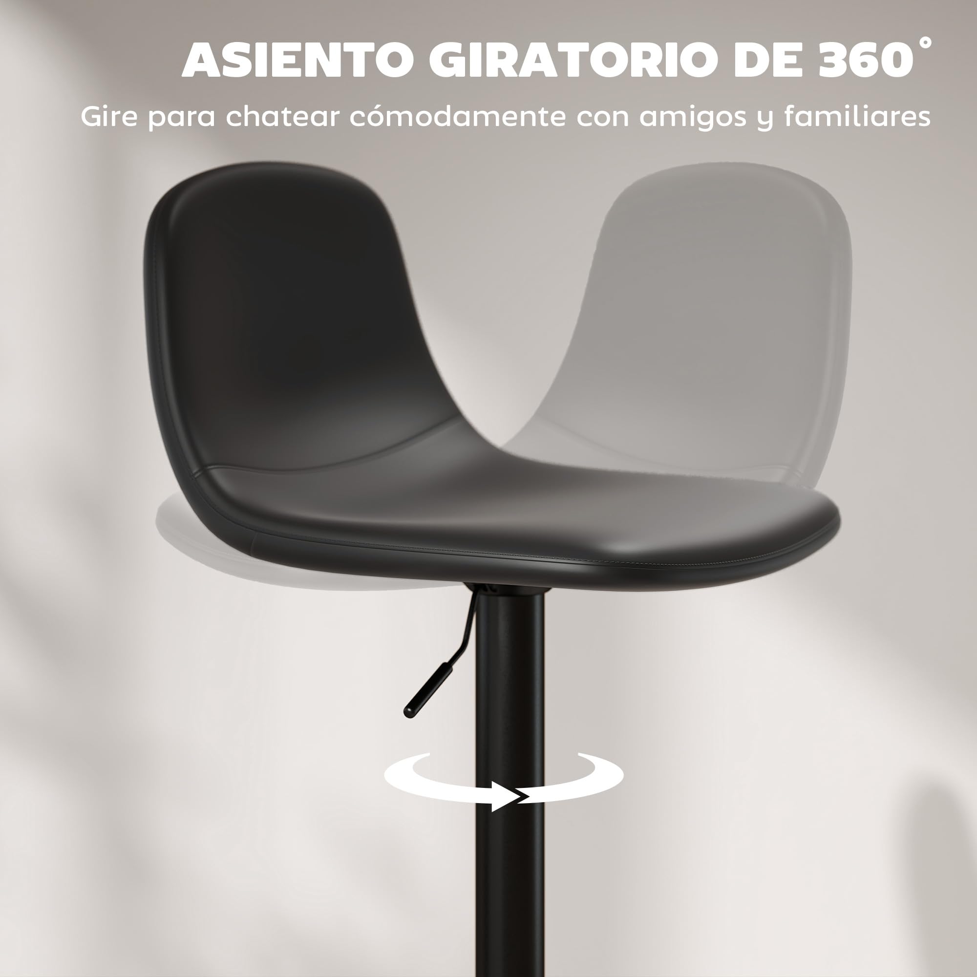HOMCOM Juego de 2 Taburetes de Bar Taburetes Altos de Cocina Regulable en Altura 84-104 cm con Respaldo y Reposapiés Tapizado en PU Giratorio en 360° para Comedor Mostrador Negro