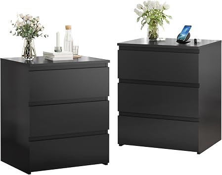 Black Nightstand Set of 2, 23.6 Tall Bedside Tables Set with 3 Drawers for Bedroom, Modern End Side Tables for Living Room,19.7Wx15.75Dx23.6H