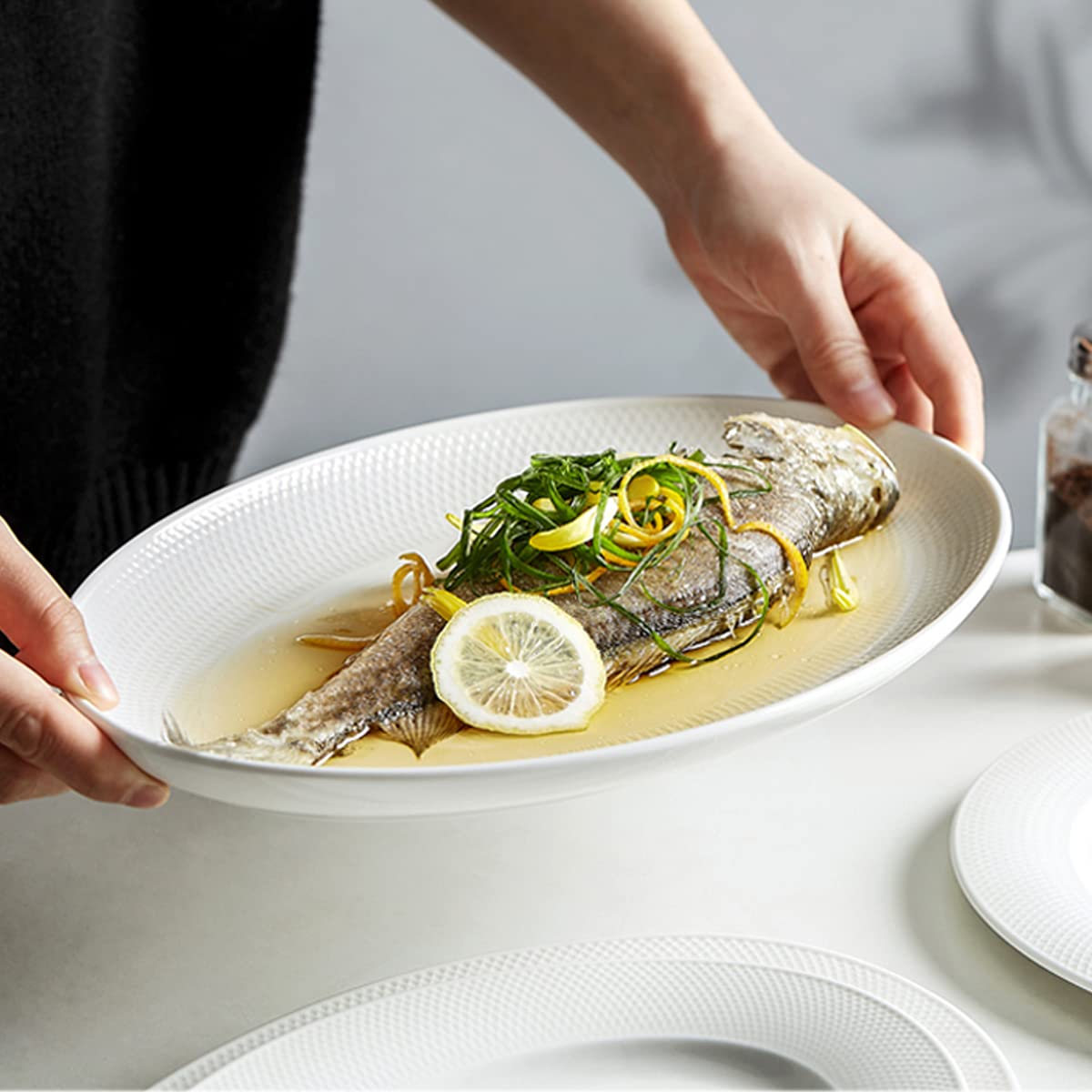 Platos de cena, vajilla de cerámica, juego de vajilla, plato de cena, plato de fruta creativo, plato de pescado al vapor casero, plato de cena casero de cerámica, plato de pescado grande oval