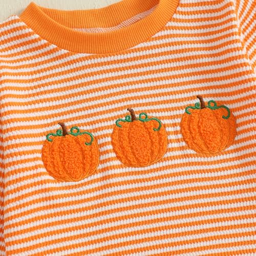 Toddler Baby Girl Halloween Outfit Pumpkin Ghost Stripe Waffle Knit Sweatshirt & Pants Set Fall Clothes4