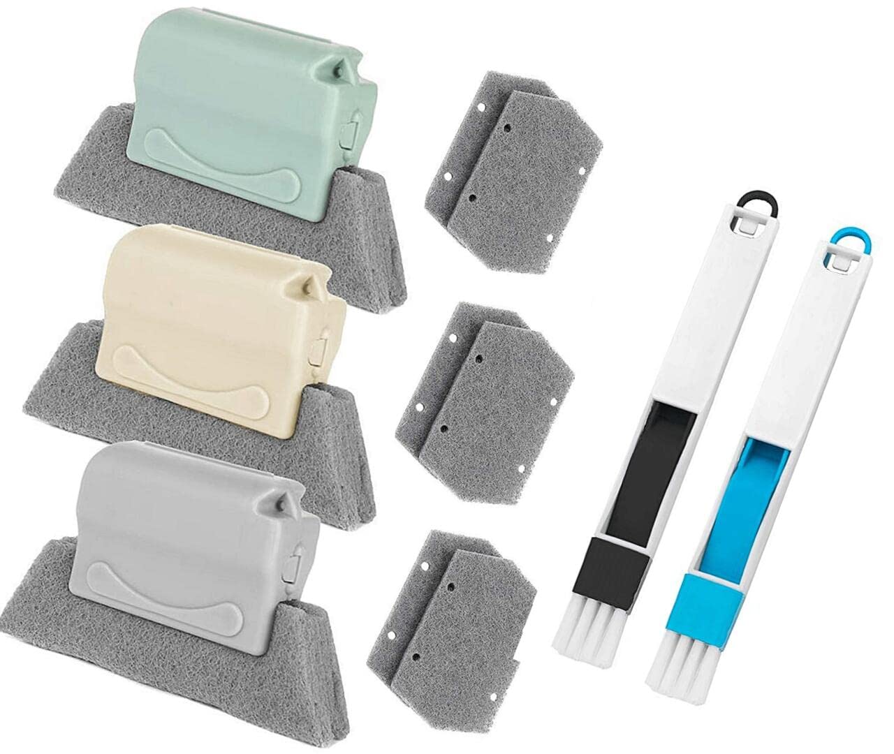 MTROYALDIA 11 Pieces Window Groove Cleaning Brush Kit Set, 3 Window Cleaning Brush, 2 Dustpan Cleaning Brushes and 6 Replacement Cloth (Muti-Color)