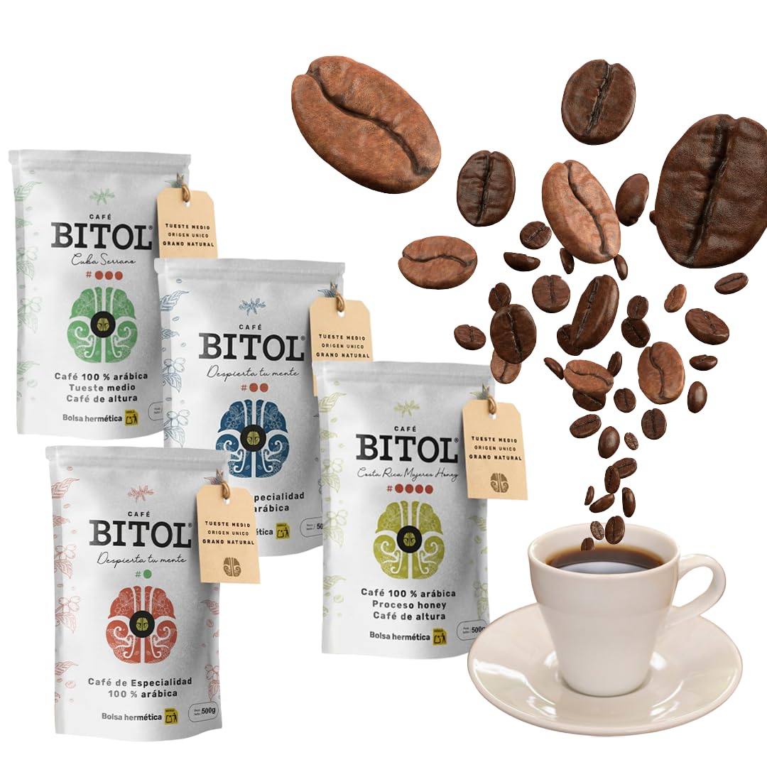 Kit de Iniciación + Itálica BITOL 4 Cafés de Especialidad 100% Arábica (Colombia, Guatemala, Cuba y Costa Rica) 4 x 500 g + Molinillo Manual y Cafetera Moka | Notas de Caramelo y Frutos Secos