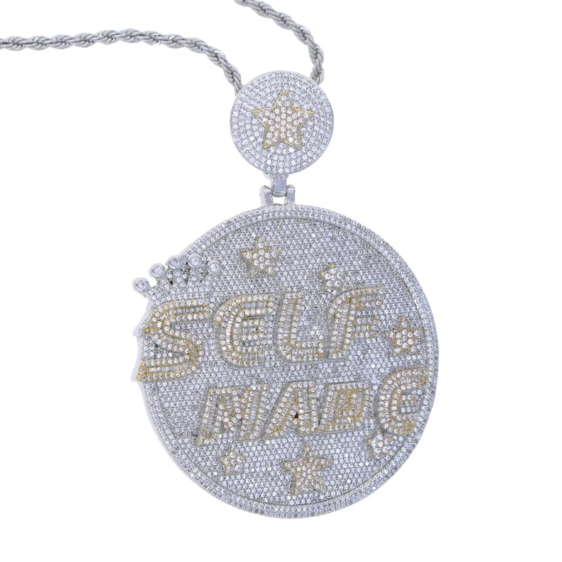 Iced Out Shiny Letter Self Made Round Medal Pendant with Round Stars Shape Necklace Jewelry3