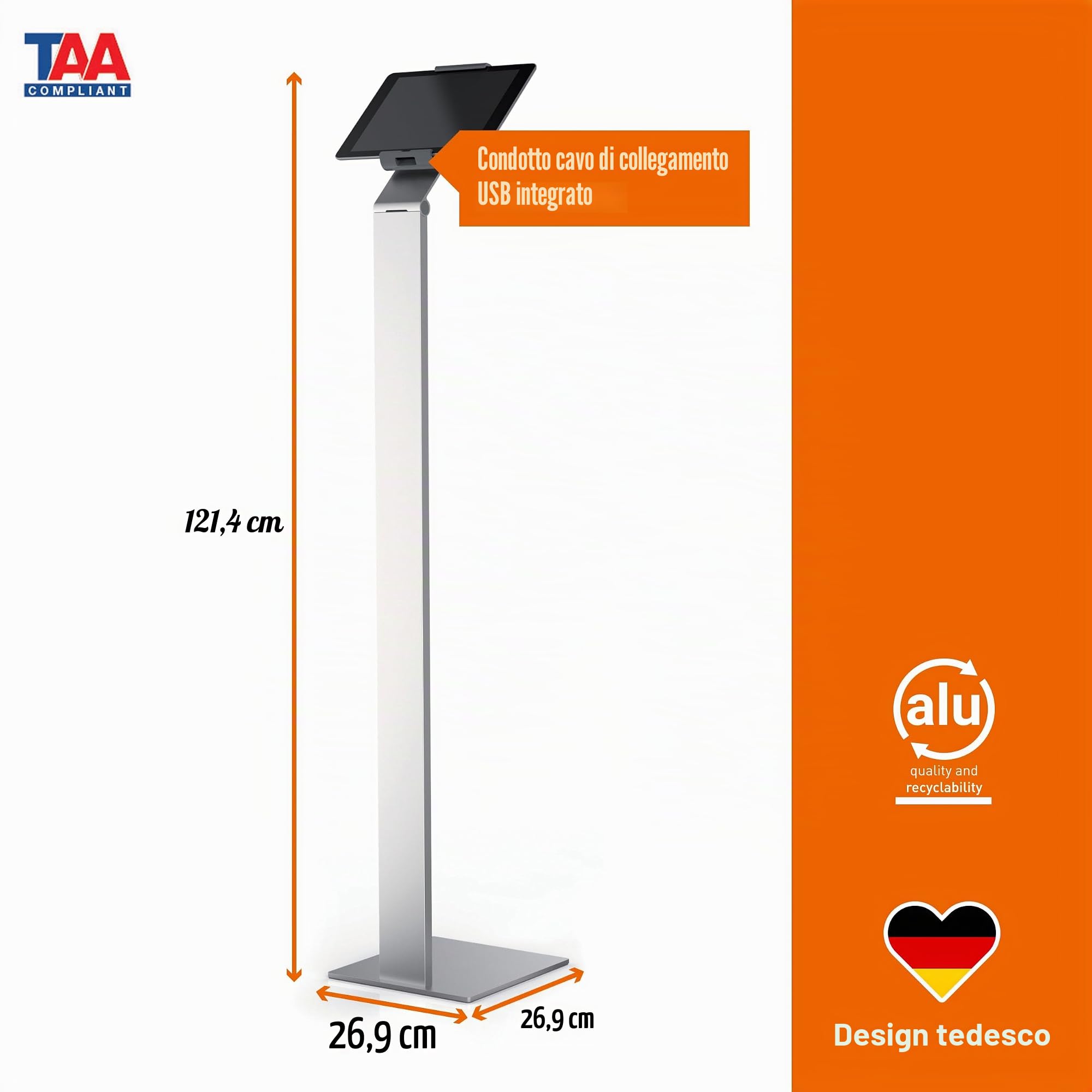 Porta Tablet da Pavimento con Sistema Antitaccheggio e Braccio Inclinabile 270x1215x270 mm Argento