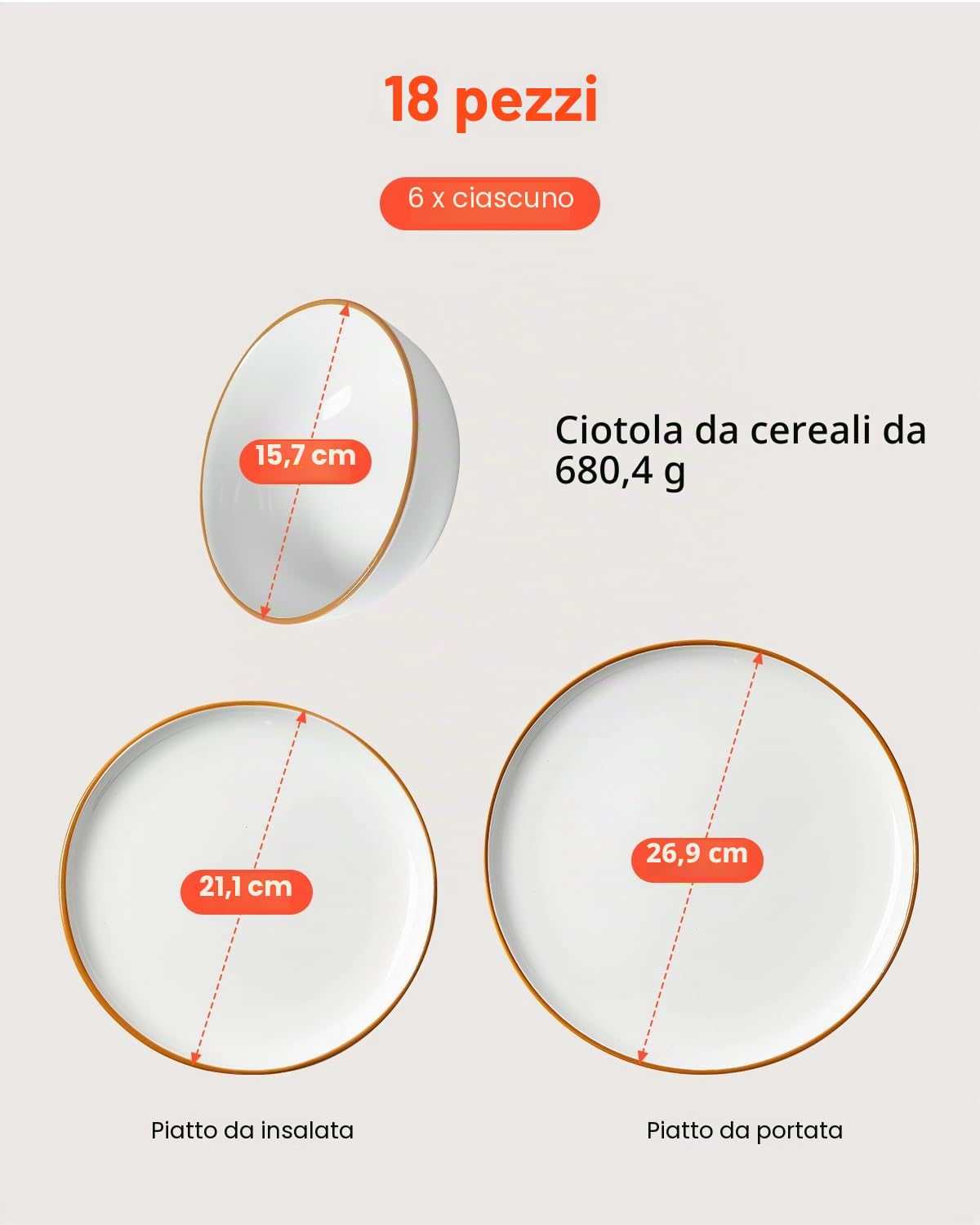 VEVOR Set di Stoviglie, 18 Pezzi Servizio per 6 Persone, Piatti Ciotole Rotondi, Stoviglie in Ceramica Antigraffio, Piatti per Lavastoviglie Microonde, per Insalata Zuppa Pasta, Bianco
