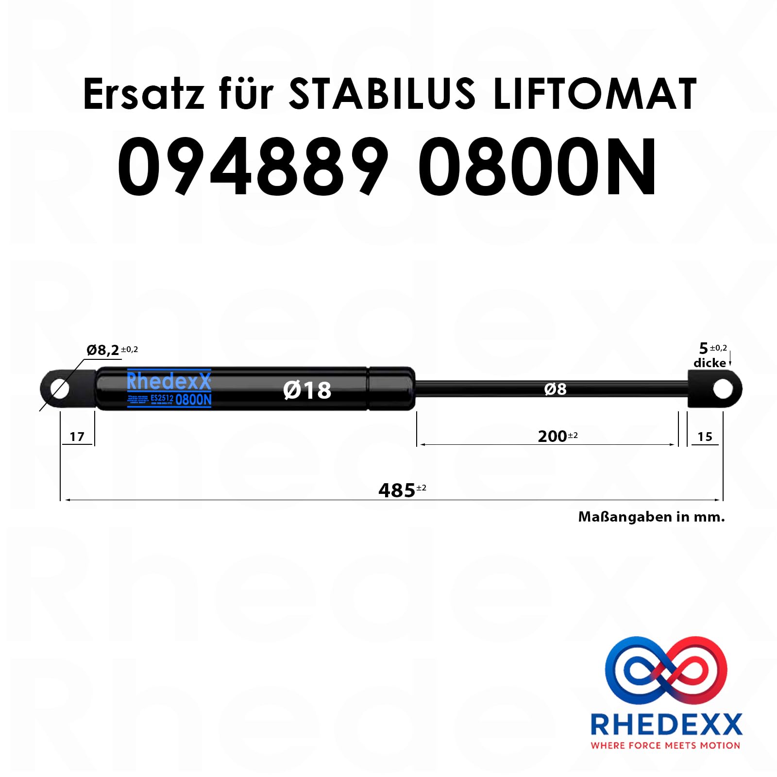 Vérin à gaz de rechange pour Stabilus Liftomat 094889 0800N RhedexX® - 485 mm (800N - 094889)