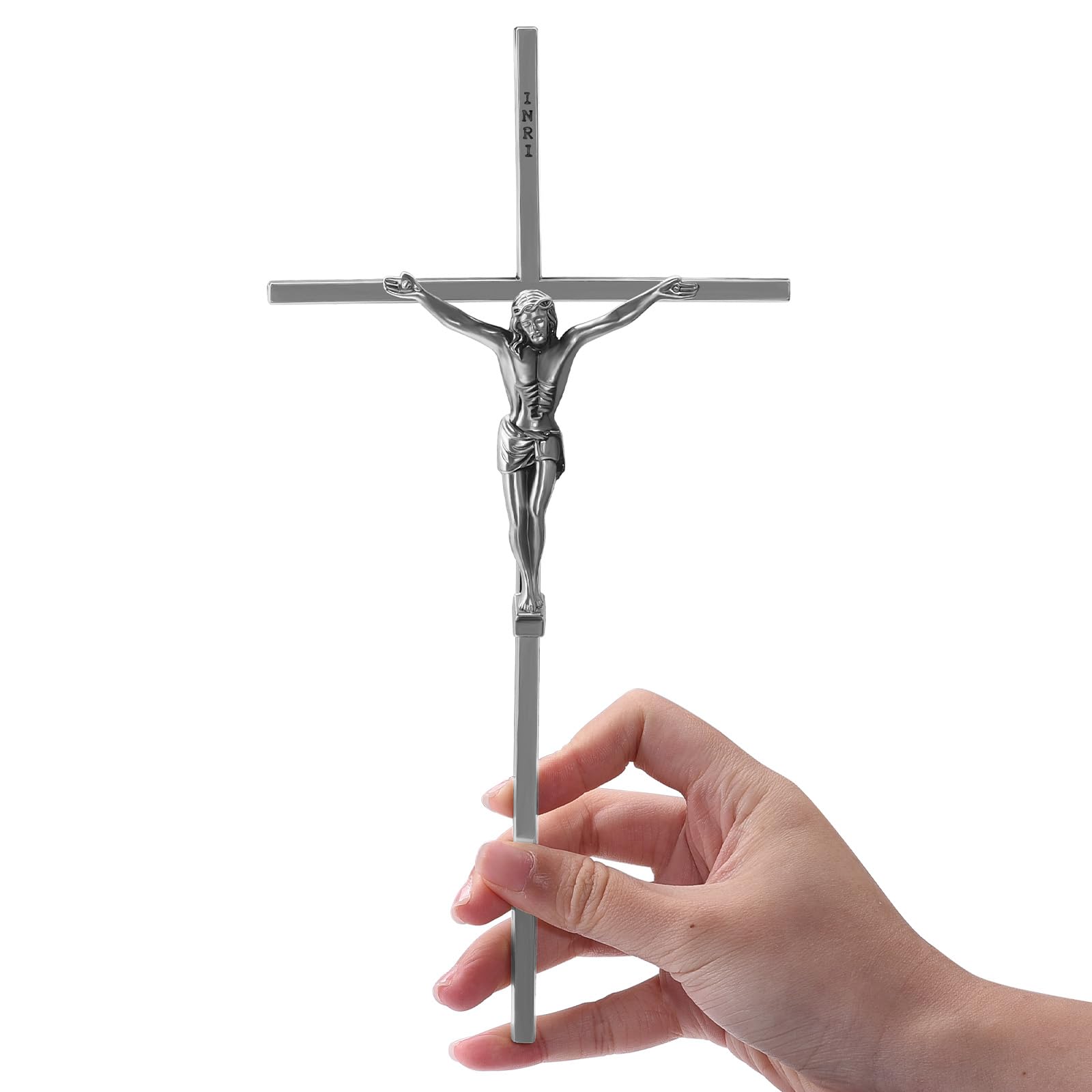 WenRity 10 Inch Metal Slender Crucifix Wall Cross INRI Cruz Del Perdon Catolica Wall Art Decor Give Blessing and The Spiritual Sacred (Silver Gray)