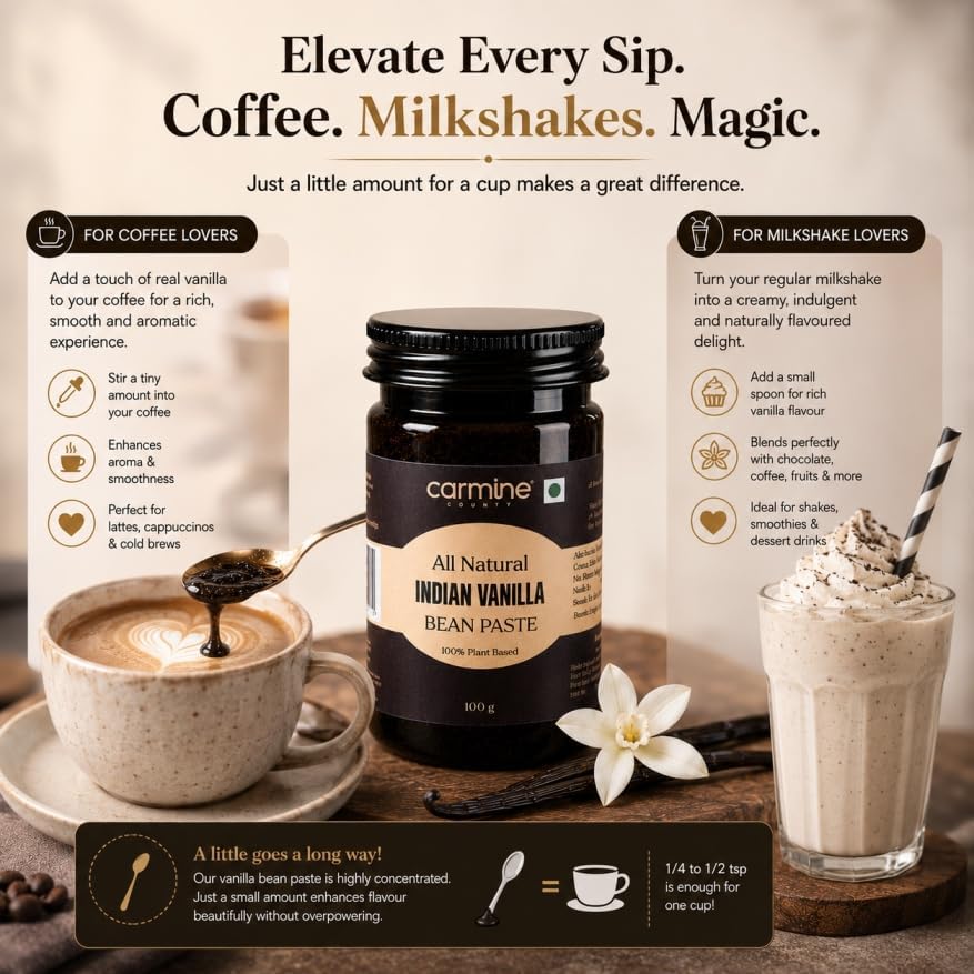 Image of Carmine County All Natural Pure Indian Vanilla Bean Paste 100g | No Added Sugar, Gluten-Free | Rich Flavor for Baking, Cooking, Ice Cream, Cakes, Cookies, Custards, Coffee, Milkshakes & Frosting | Vanilla Extract Substitute