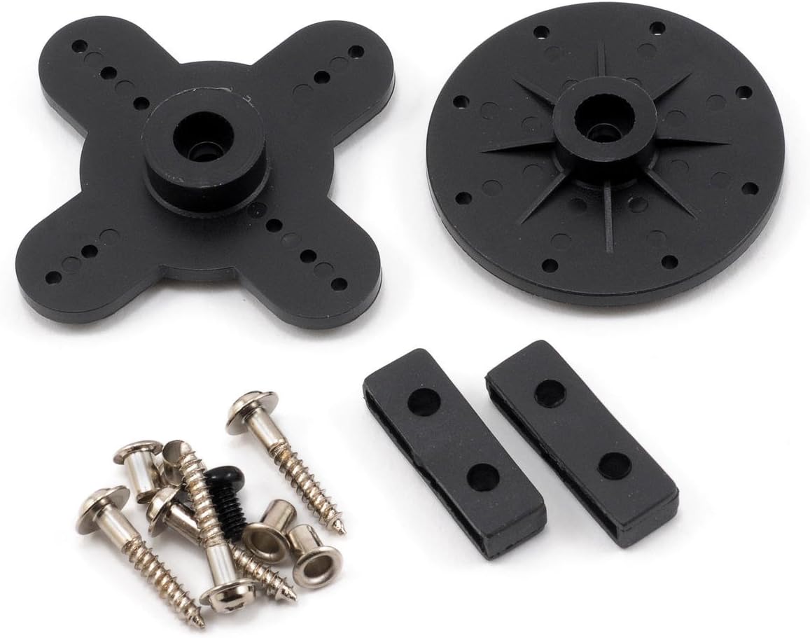 Assortment of servo horns, mounting hardware, and screws