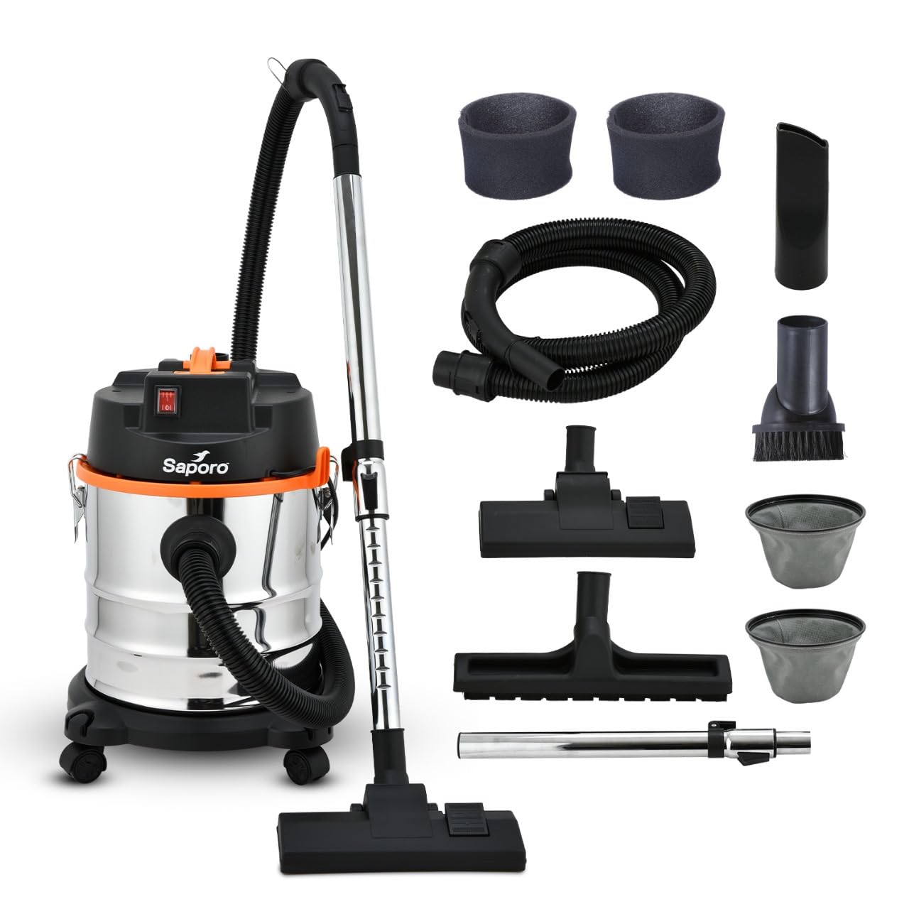 SAPORO AquaVac Wet & Dry Vacuum Cleaner for Home Cleaning - Multi-Functional with 1600W & 22kPa Powerful Suction, 21L Tank Capacity - Blower Function & 360 Degree Swivel Wheels - Stainless Steel Body
