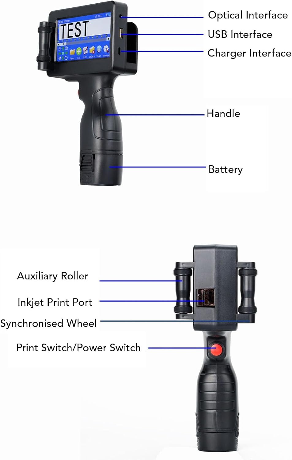 Handheld Inkjet Printe, Adjustable 2 to 12.7mm Printing Height, 4.3 Inch LED Touchscreen, Label QR Code Barcode Date Printer for Android for iOS (US Plug)